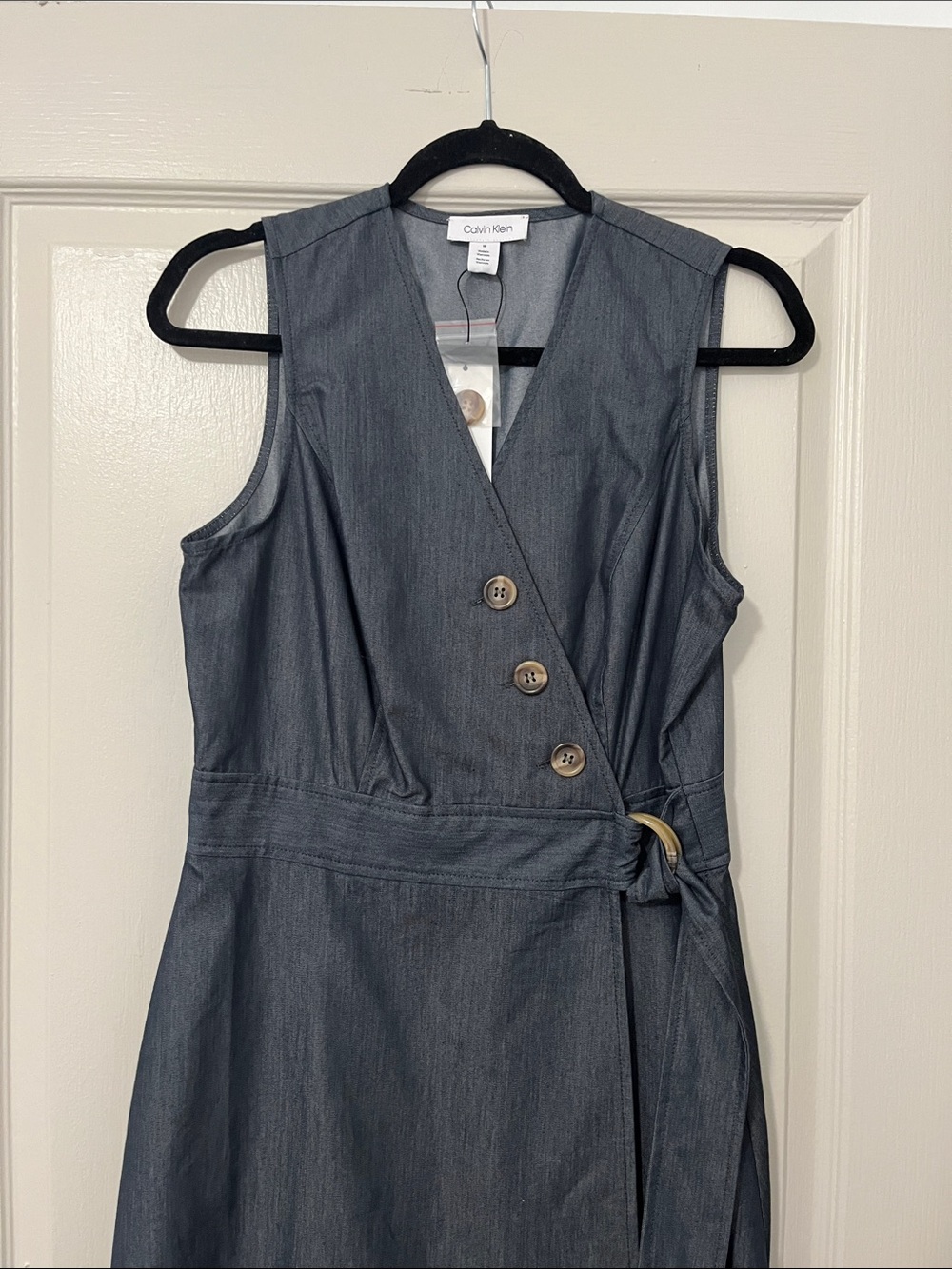 Calvin Klein Sleeveless faux Wrap Dress in Charcoal Gray-Blue